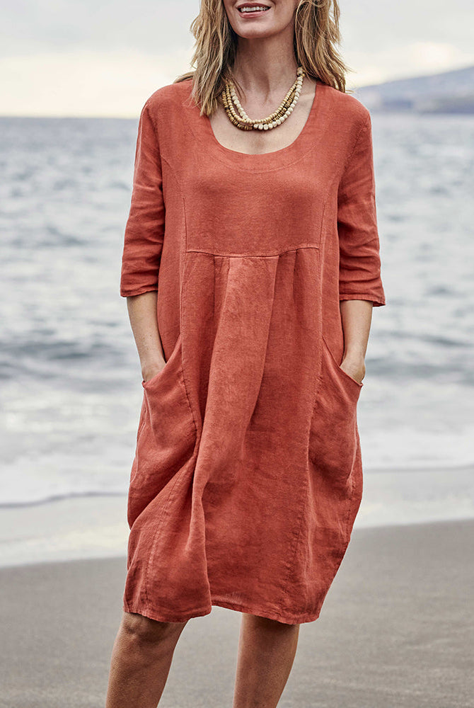 Rust-colored linen casual pocket dress with scoop neckline, perfect for leisure and daily wear.