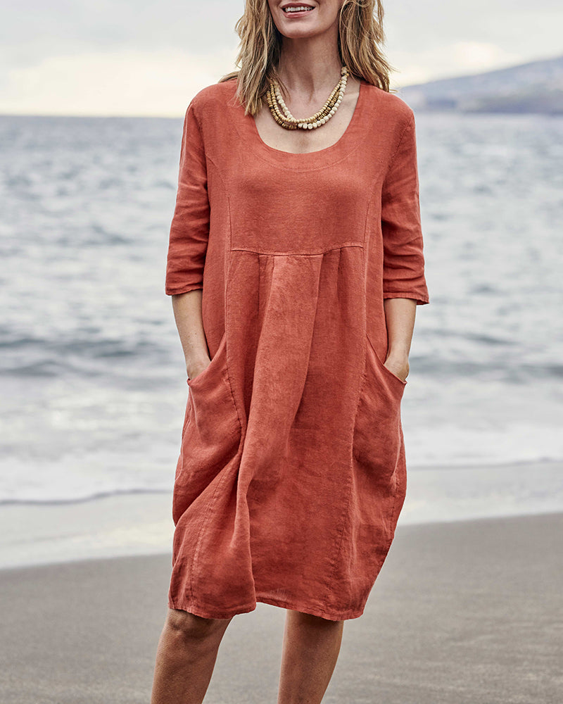 Rust-colored linen casual pocket dress with scoop neckline, perfect for leisure and daily wear.