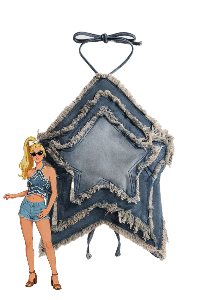 Layered blue denim star halter crop top with frayed fringe and tie neck