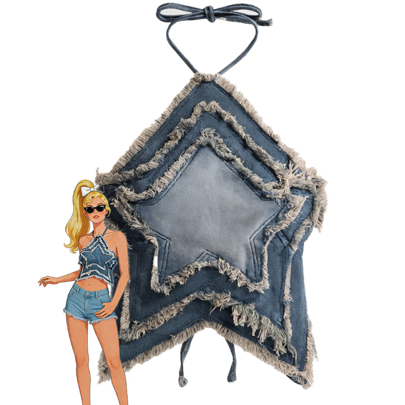 Layered blue denim star halter crop top with frayed fringe and tie neck