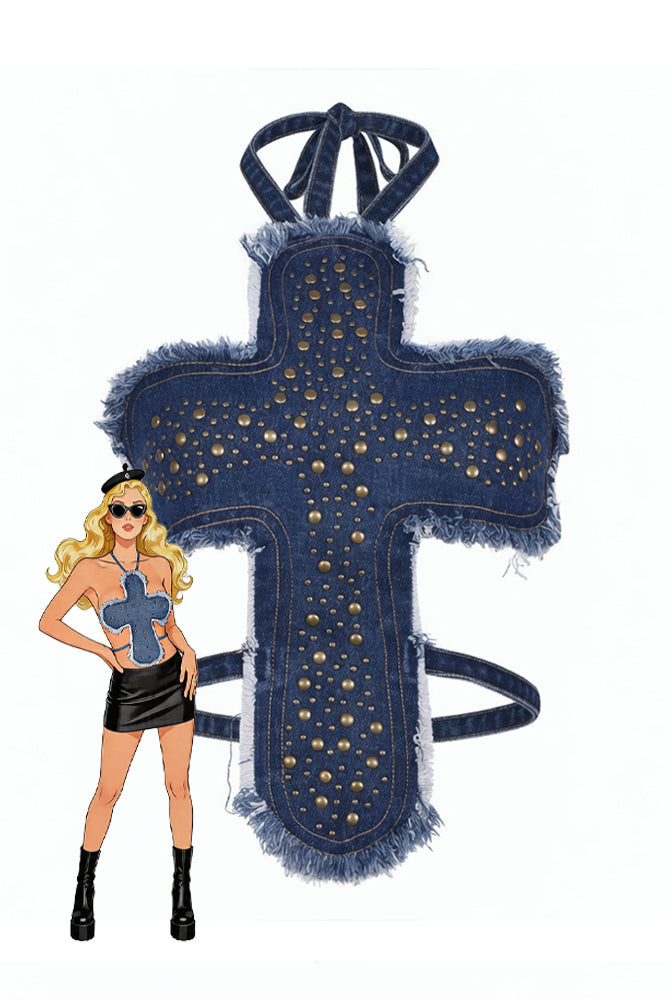 Studded denim halter crop top with cross front, frayed edges and tie straps