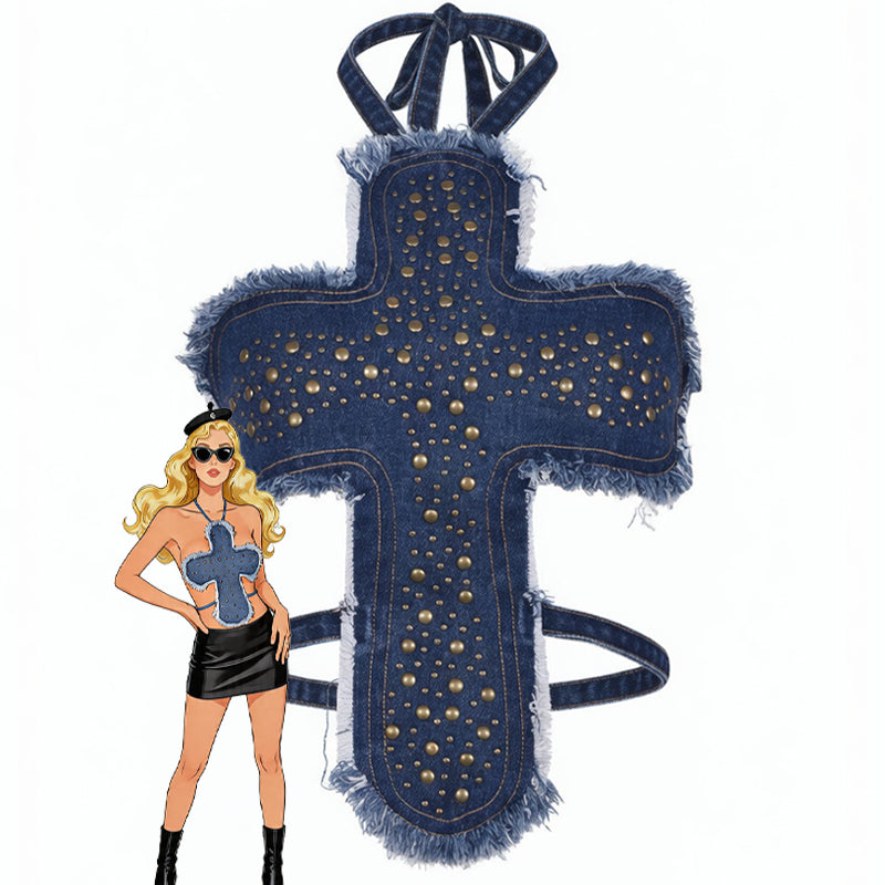 Studded denim halter crop top with cross front, frayed edges and tie straps