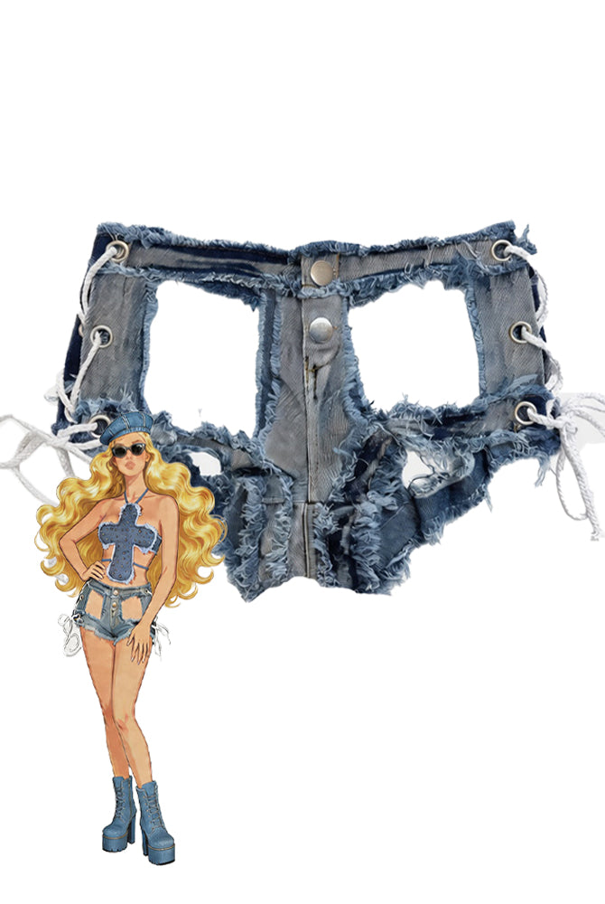 Distressed blue denim micro shorts with ripped edges and lace-up eyelet sides
