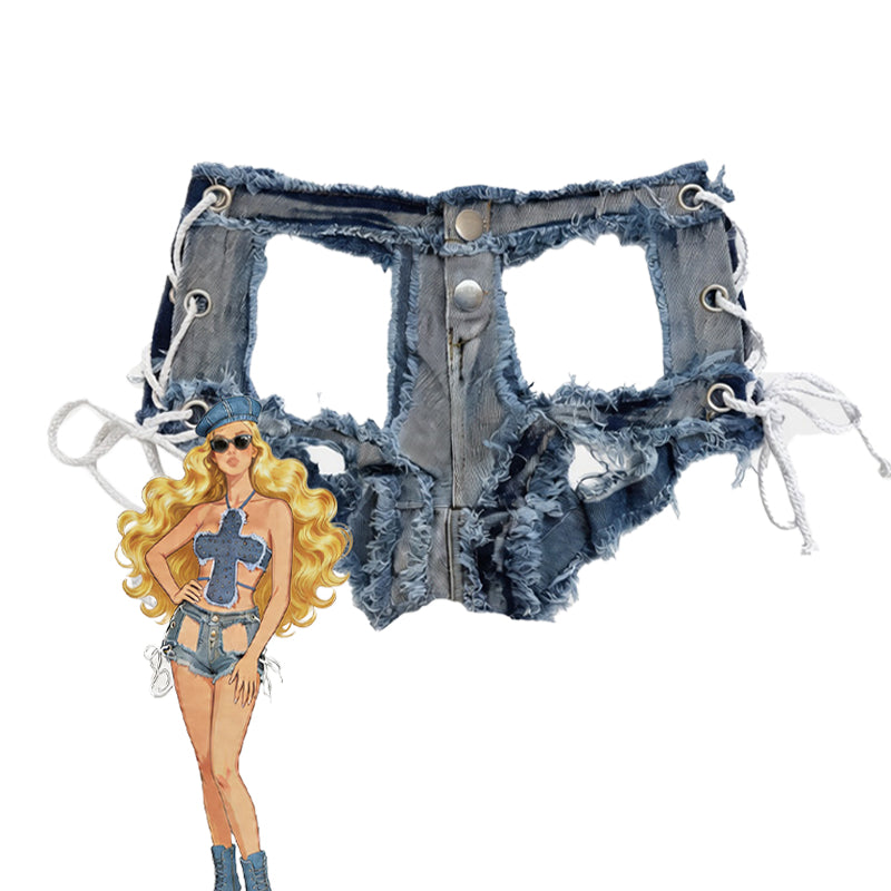 Distressed blue denim micro shorts with ripped edges and lace-up eyelet sides
