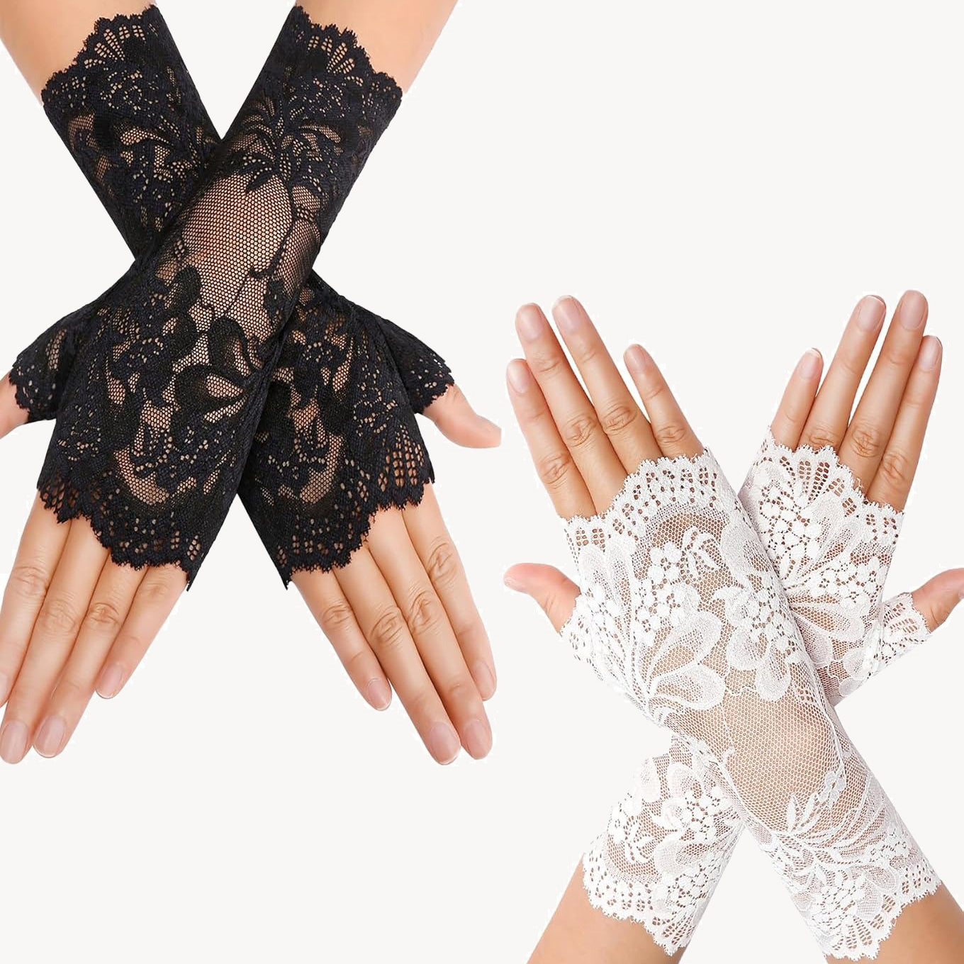 Fingerless lace gloves in black and white, featuring floral design, ideal for weddings