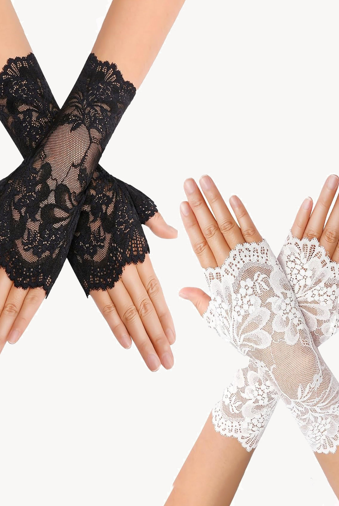 Fingerless lace gloves in black and white, featuring floral design, ideal for weddings