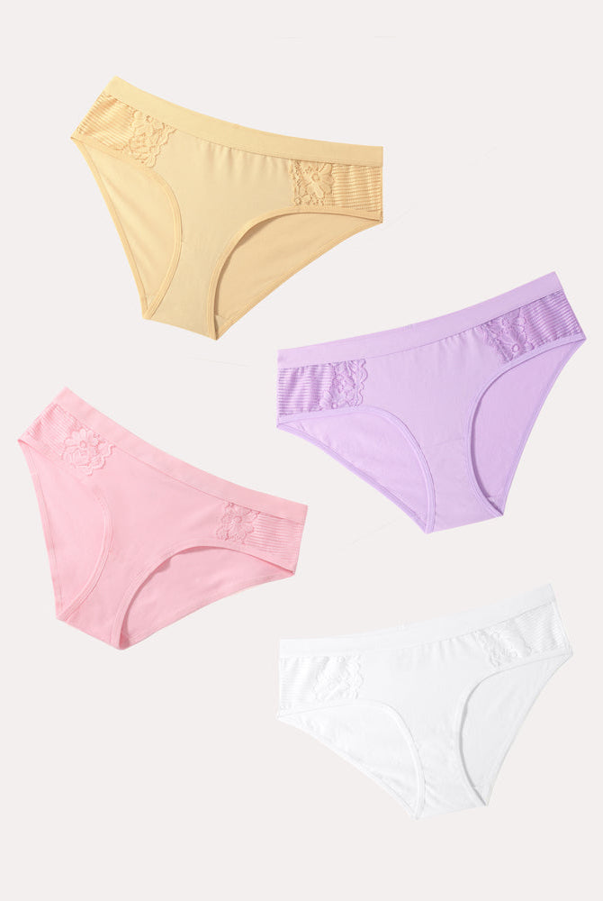 Cotton Hipster Tanga Brief Bikini Panties 4-Pack: Lace detail in beige, purple, pink, and white