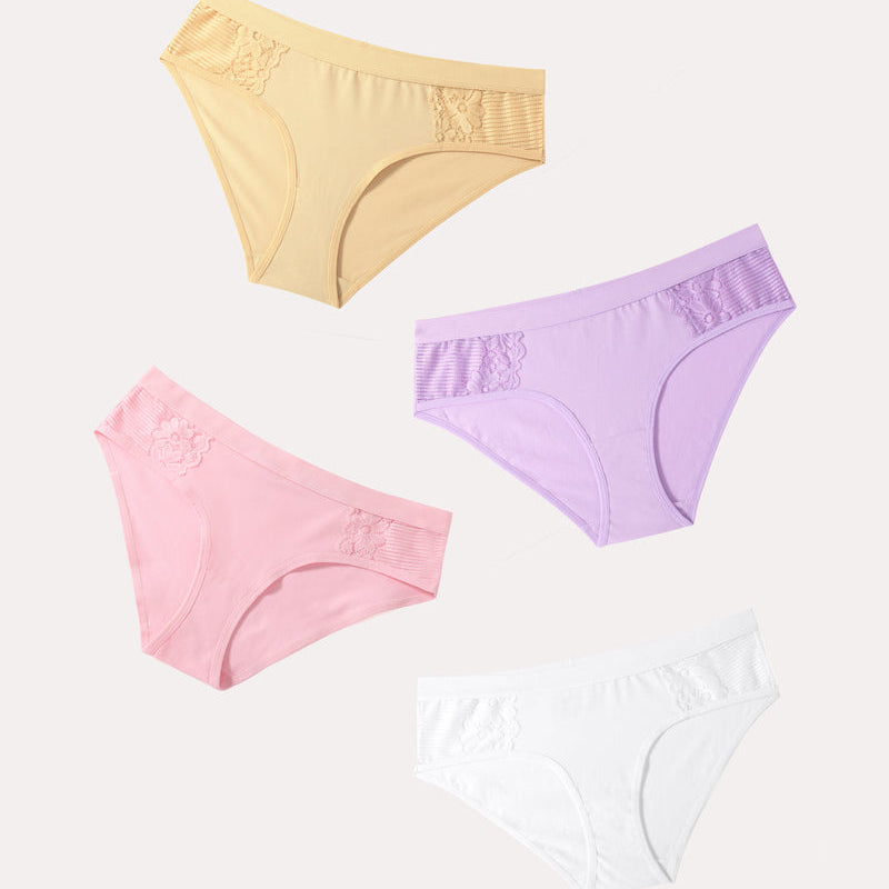 Cotton Hipster Tanga Brief Bikini Panties 4-Pack: Lace detail in beige, purple, pink, and white