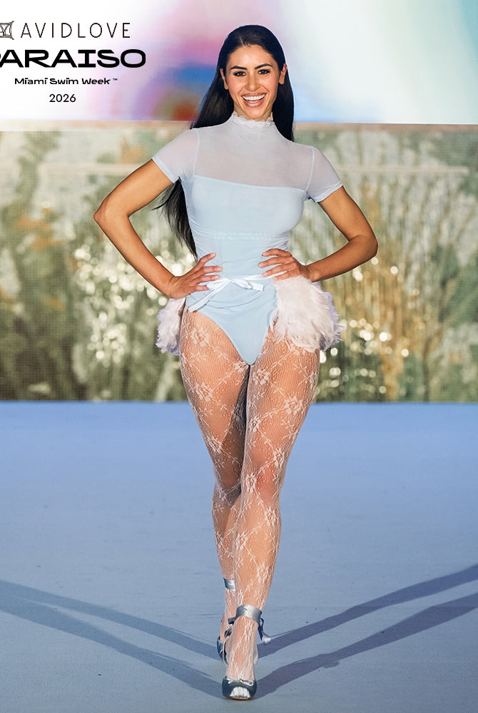 Light blue short-sleeve mesh bodysuit with high turtle neck