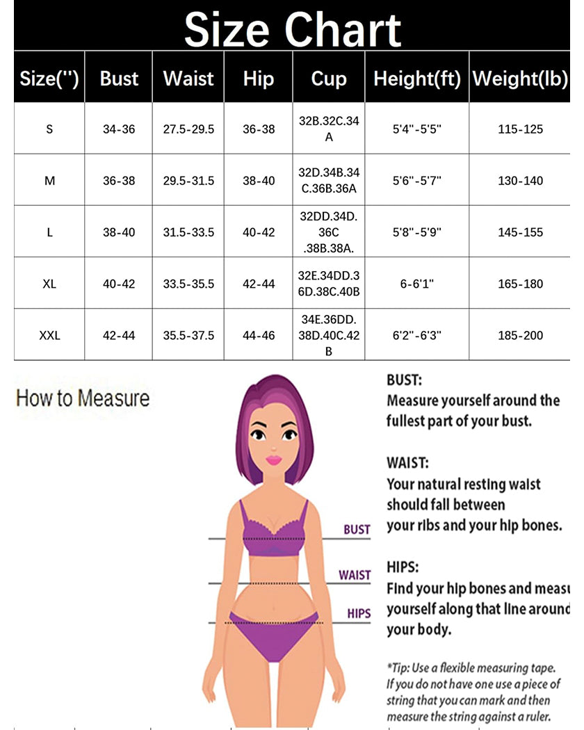 Leopard lace mini bodysuit size chart. Bust, waist, hip measurements with measuring guide.