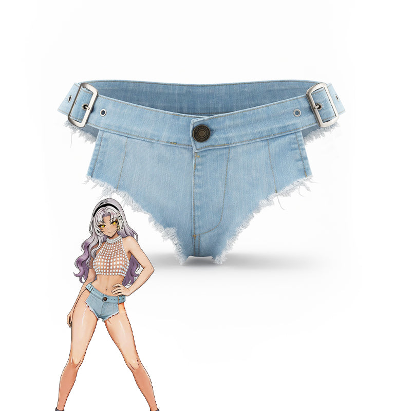 Pearl Chain Halter Crop Top & High Waisted Denim Shorts
