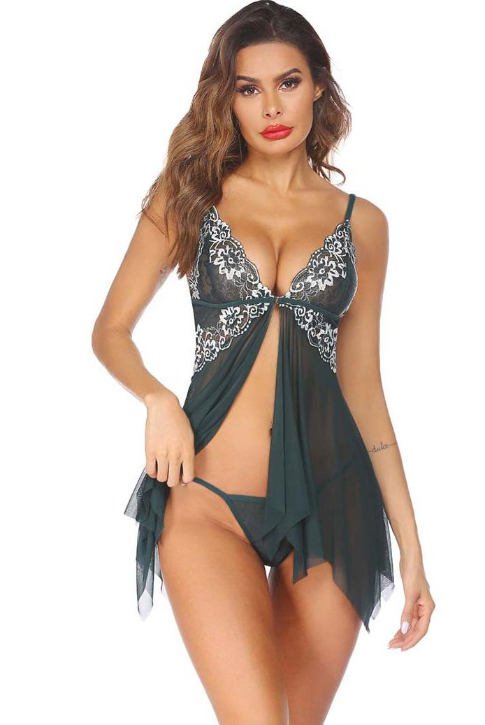 Women’s open-front lace lingerie babydoll, dark green with white lace trim and tie