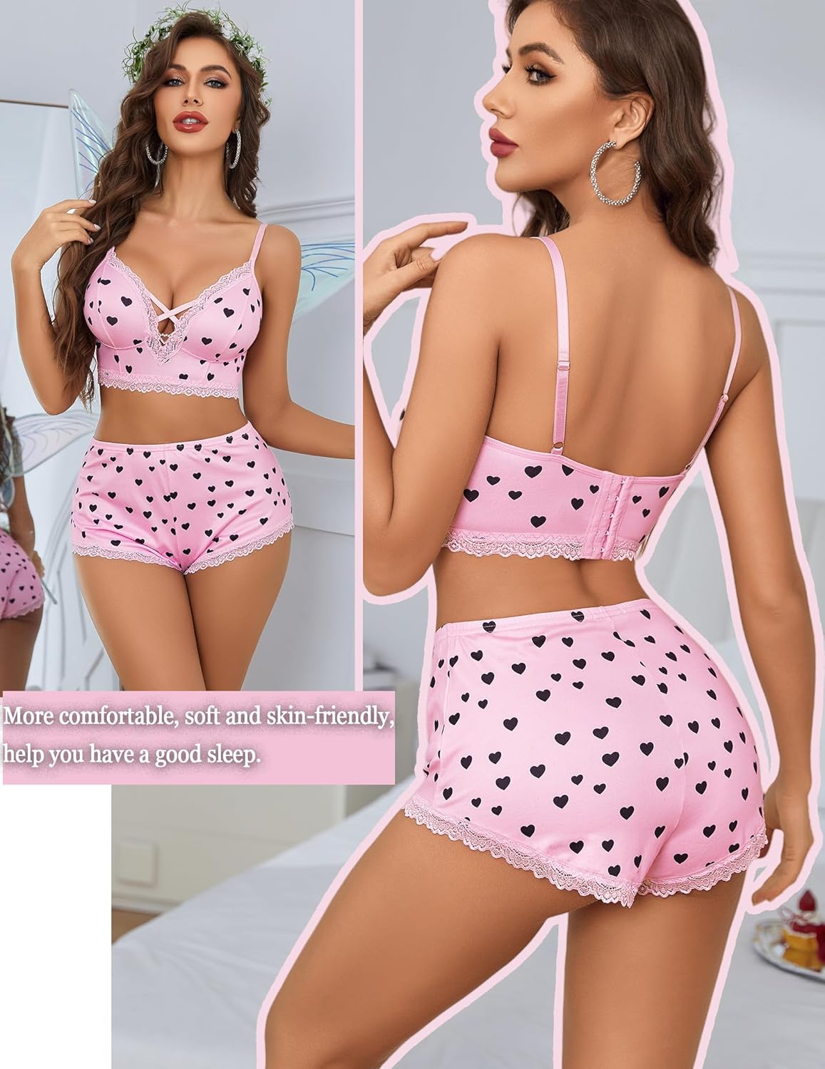 A woman in a pink, heart-print two-piece pajama set.