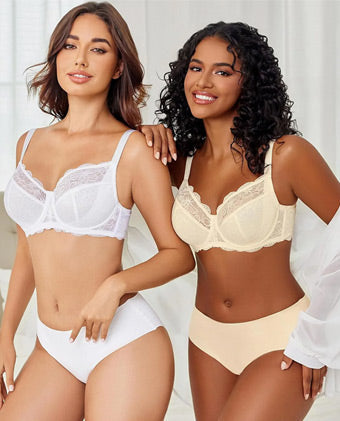 Two models wearing underwire bras, one in white and one in beige.