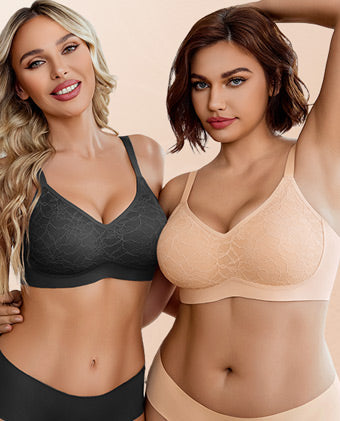 Two women modeling seamless, wire-free bras in black and nude.