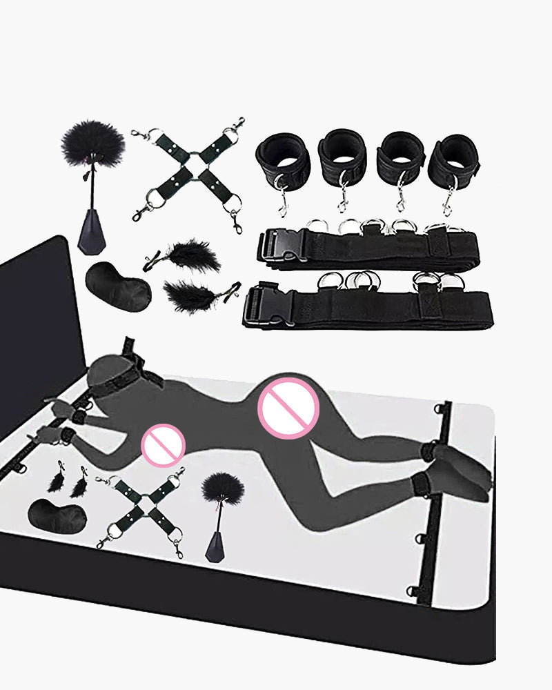 A collection of BDSM gear, including cuffs, straps, and a feather tickler, arranged next to a diagram of their use.