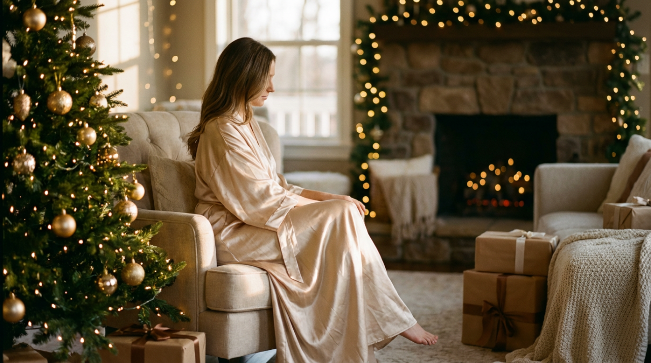 Why Your Photos Under the Christmas Tree Need a High-Sheen Silk Robe