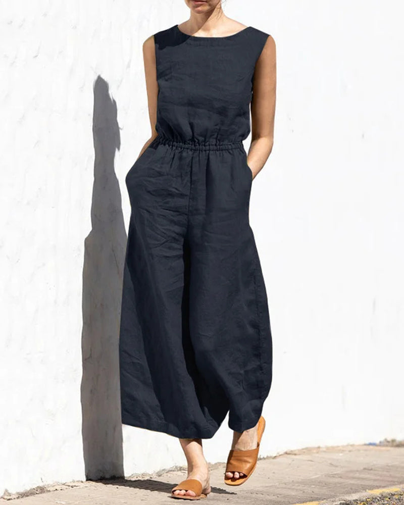 Navy blue wide leg cotton jumpsuit with elastic waist, perfect for casual and daily wear.