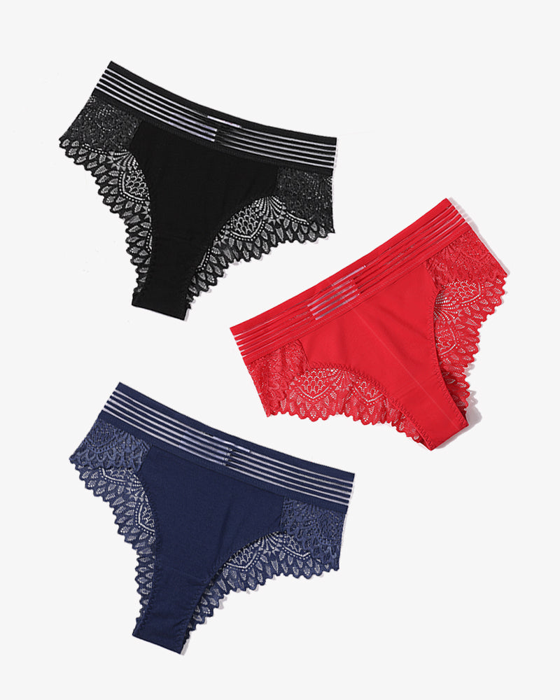 Black, red, and blue lace cheeky hipster panties, showcasing comfort and sexy design.