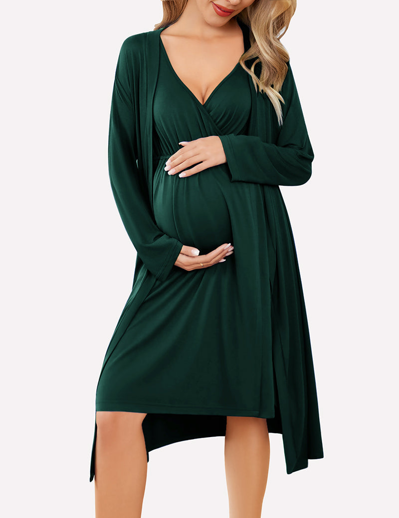Dark green nursing nightgown with V-neck and belted waist, paired with a long robe