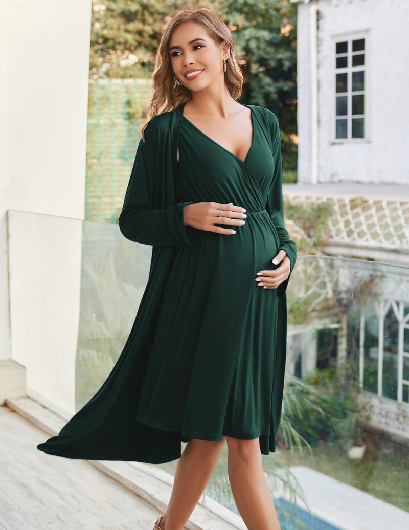 Dark green nursing nightgown with V-neck, layered with a long draped robe