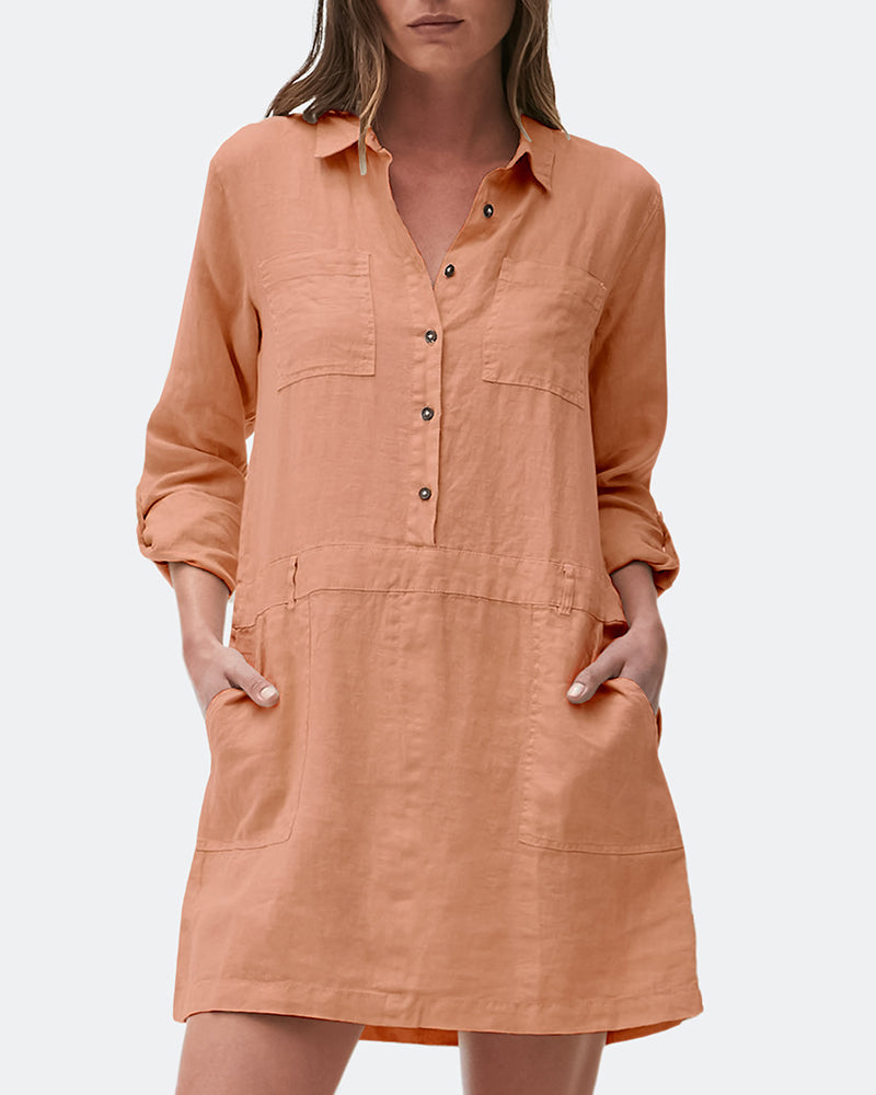 Peach cotton linen midi dress with long sleeves and pockets, perfect for casual wear.