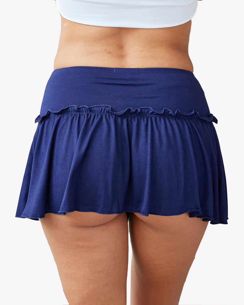 Navy blue ruffle mini skirt with stretchy waistband and ruffled hem | Avidlove Lingerie