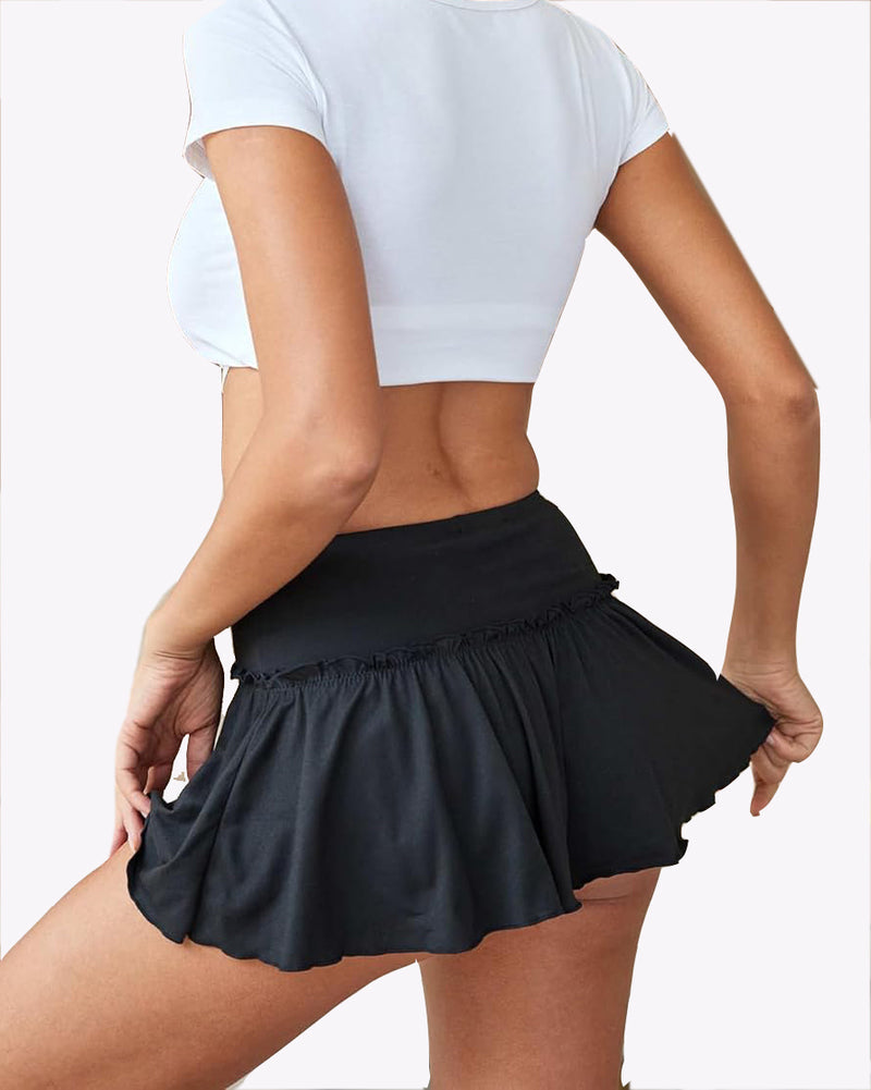 Black ruffle mini skirt with stretchy waist, cute look. Part of Avidlove lingerie