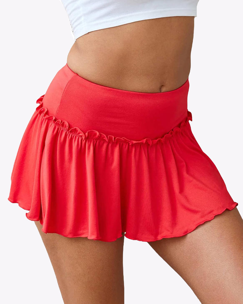 Red ruffle mini skirt with stretchy waistband. Comfortable and breathable, cute look.
