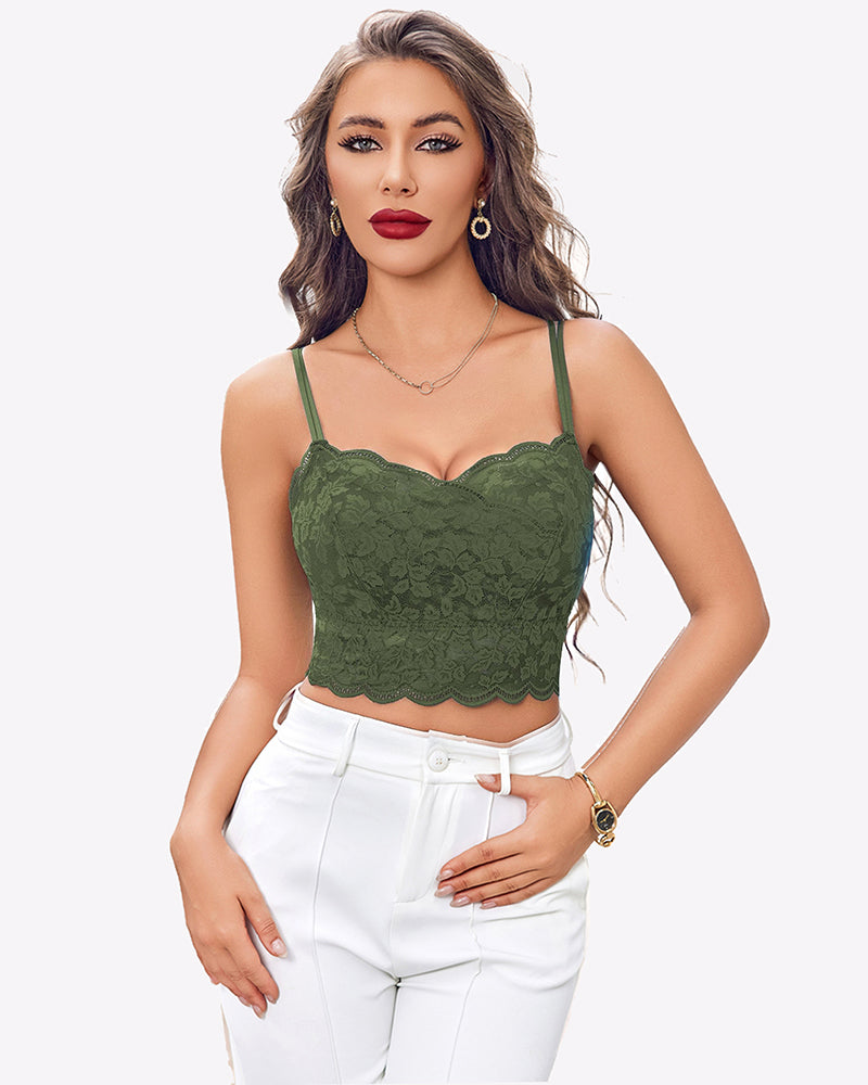 Green lace Y2K crop top with adjustable straps, worn by a model with white pants, sexy lingerie