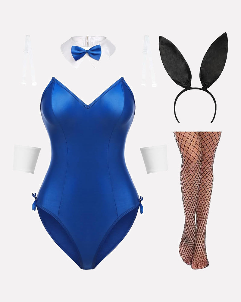 Blue bunny lingerie set with bodysuit, bunny ears, collar, cuffs, and stockings. Cute and charming.