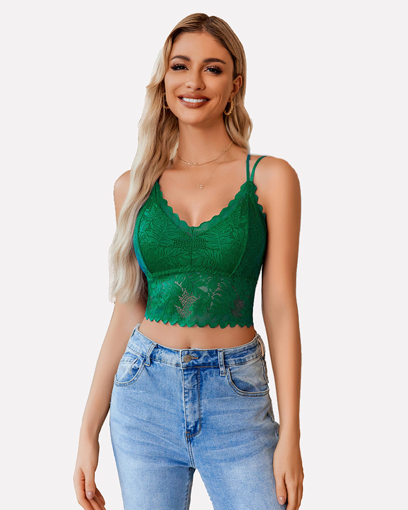 Green lace racerback crop top with scalloped trim, showing a sexy and charming back.