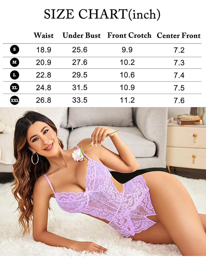 Lavender lace bodysuit size chart. Sexy lingerie with deep V-neck and cut-out design. Avidlove.