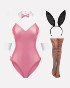 Pink Bunny Lingerie Set: Bodysuit, Collar, Headband, Cuffs, Stockings. Cute and Charming.