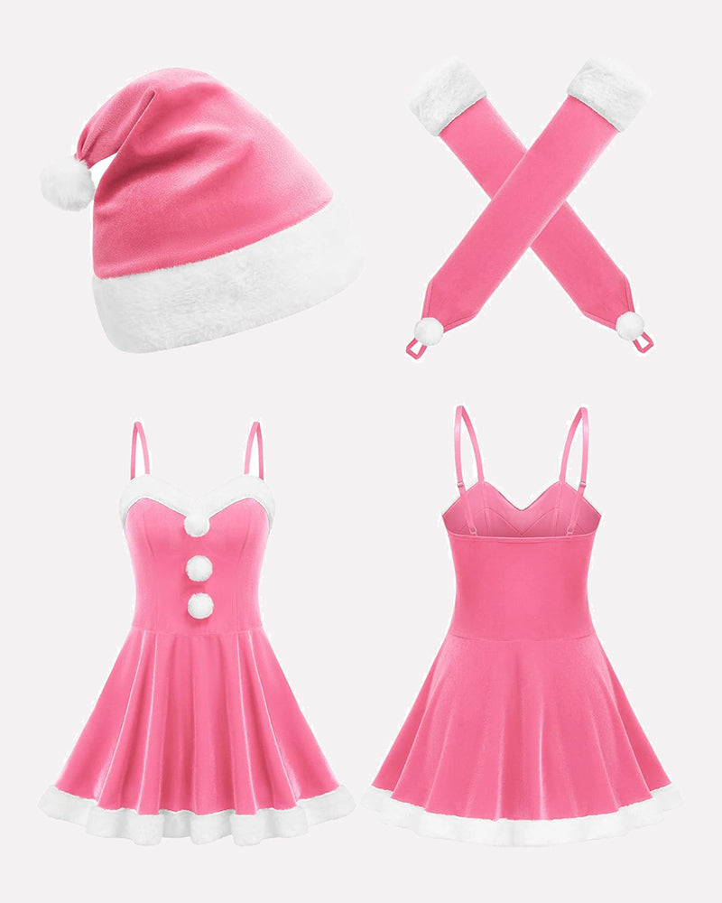 Pink Santa dress Christmas outfit with hat and gloves, white fur trim, perfect for holiday parties
