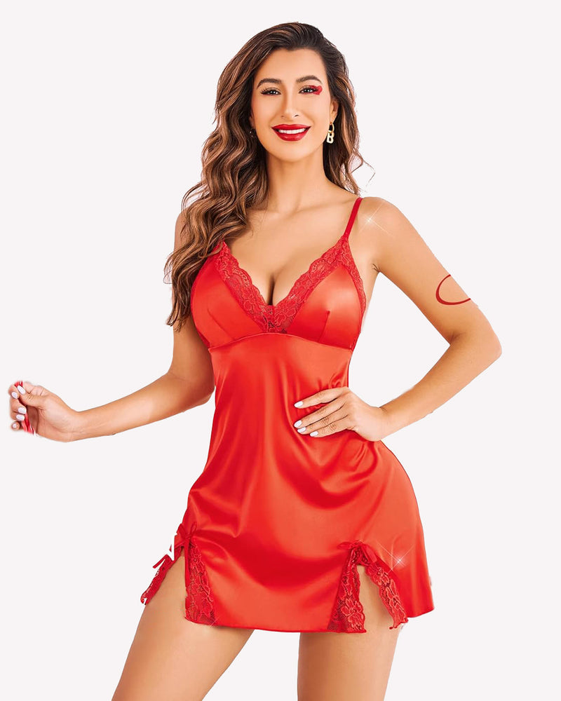 Avidlove red satin mini dress with lace. Sexy lingerie, adjustable spaghetti straps. For women.