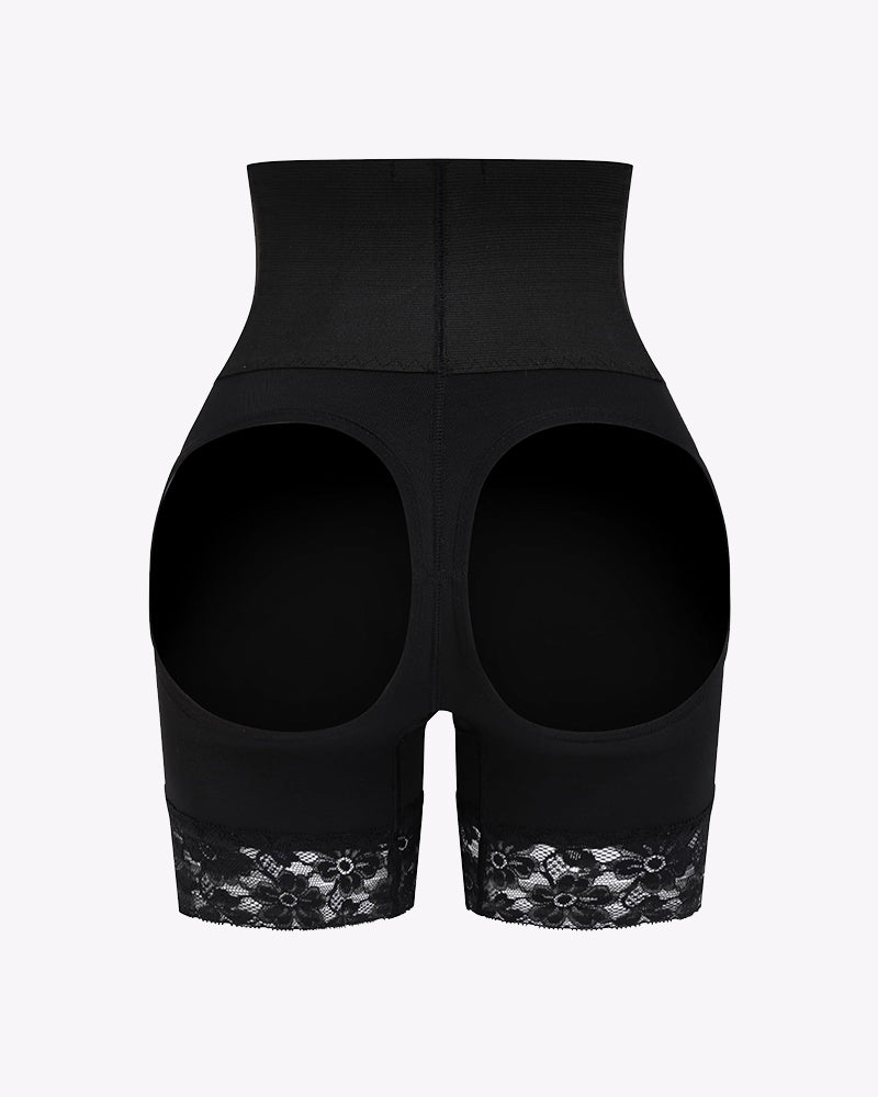 Black high-waisted tummy control shapewear shorts with lace trim and open back