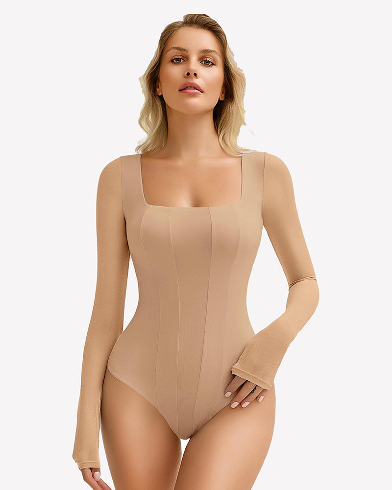 Nude Avidlove square neck mesh leotard top, bodycon fit with long sleeves. Sexy lingerie.