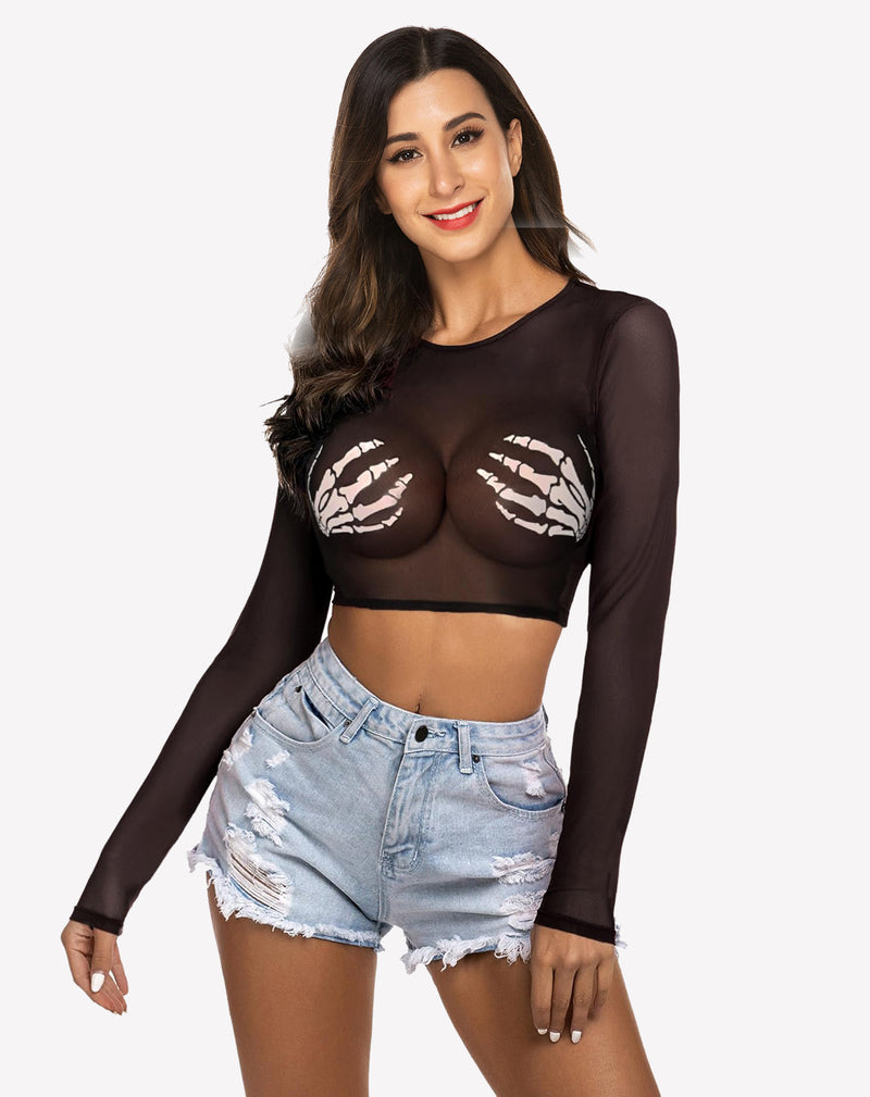 Black mesh crop top, skeleton hand design, with denim shorts. See-through, edgy lingerie style.