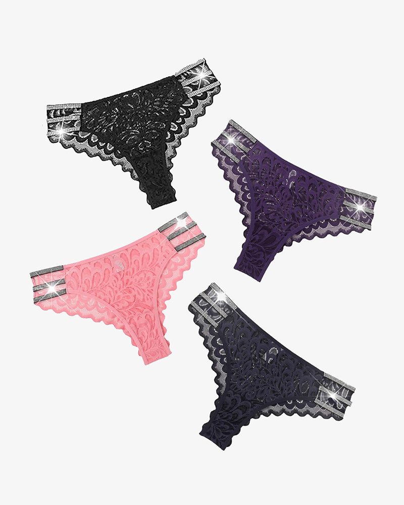 Glitter Lace Cheeky Underwear: Black, Purple, Pink, Navy. Delicate lace and rhinestone accents.