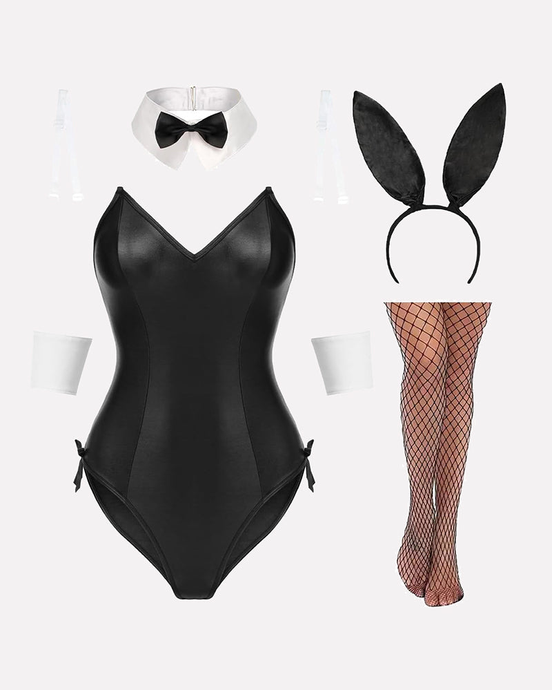 Black bunny lingerie set: bodysuit, collar, headband, stockings, cuffs. Cute and charming.