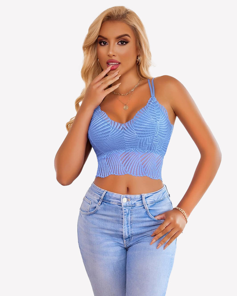 Avidlove blue lace V-neck crop top, model in jeans, featuring adjustable straps and scalloped edge.