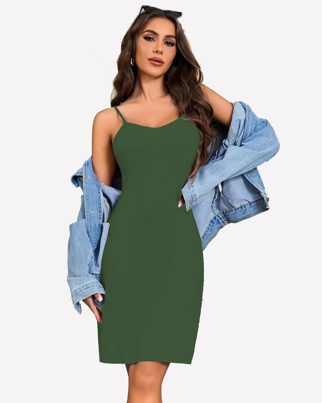 Green chemise nightgown, spaghetti straps, above knee length, flattering fit, with denim jacket