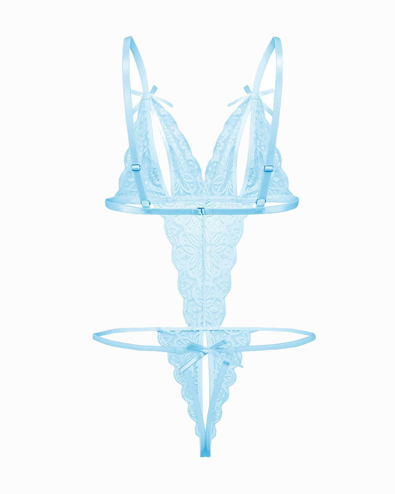 Light blue lace bodysuit with open cup, backless design and bow details. Sexy lingerie for women.
