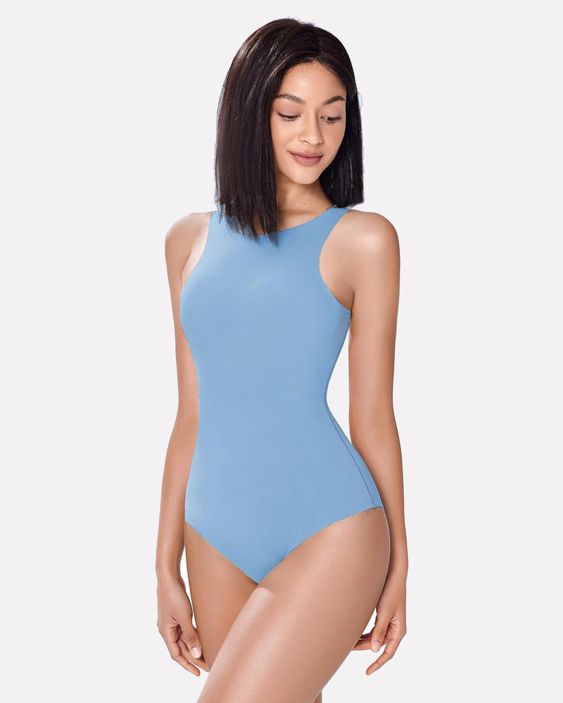 Light blue high-neck bodysuit shapewear, comfortable and breathable, enhancing silhouette.