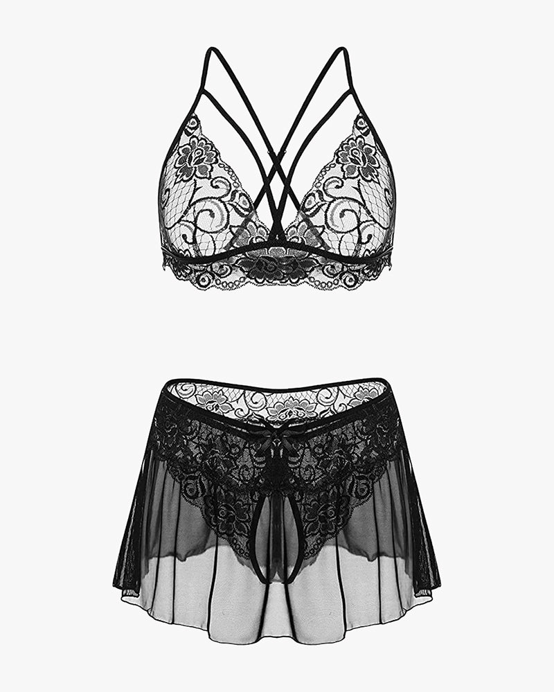 Avidlove black lace bralette and skirt lingerie set with lace trim, perfect for intimate moments