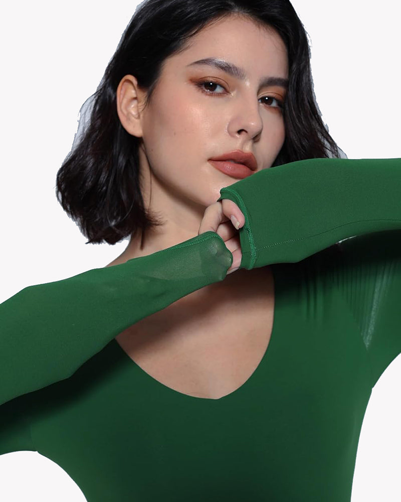 Emerald green long-sleeve V-neck bodysuit with double-lined shapewear, curve enhancing design