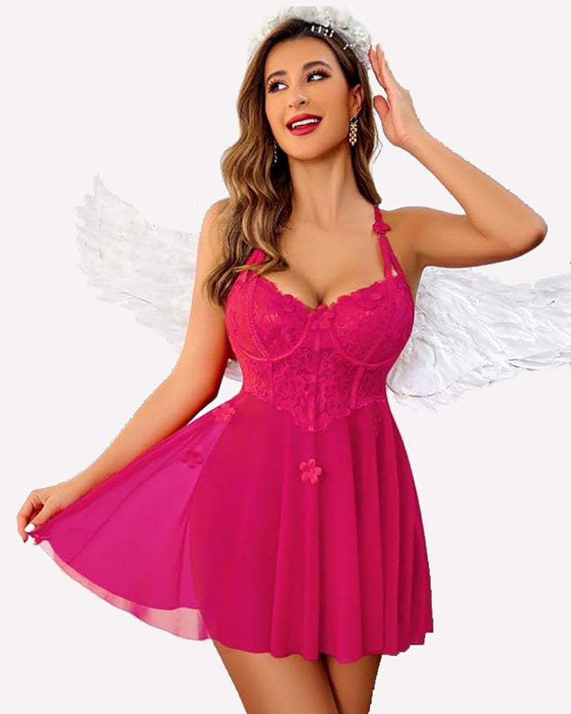 Pink floral lace lingerie set with sheer skirt, bow decor, angel wings, boudoir look for confidence.