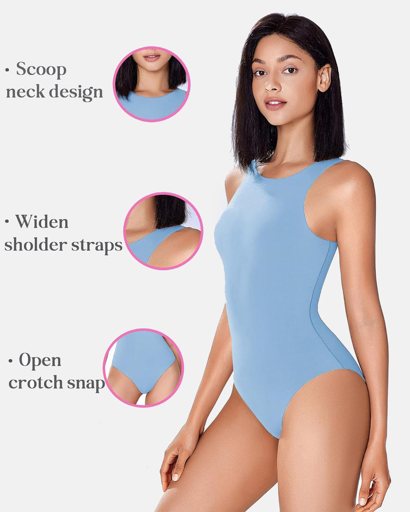 Blue shapewear bodysuit with scoop neck, comfortable and body-shaping. Open crotch snap design.