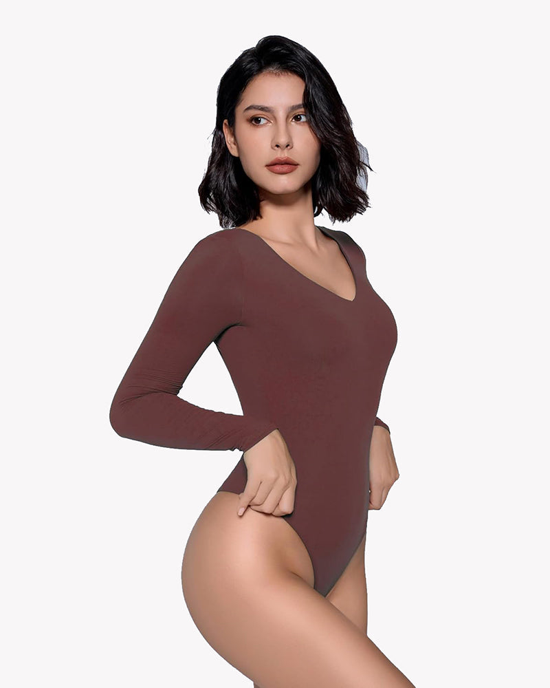 Brown long-sleeve V-neck bodysuit, curve-enhancing shapewear for a confident and classy look.